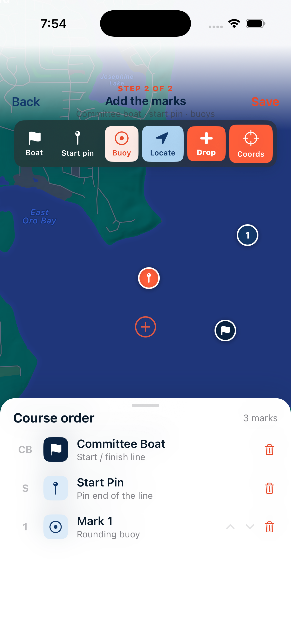 Adding course marks by dropping the committee boat, start pin, and buoys on a live chart