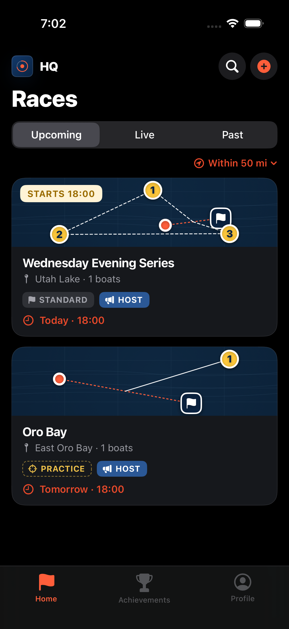 Committee Boat HQ race list showing upcoming races on iPhone
