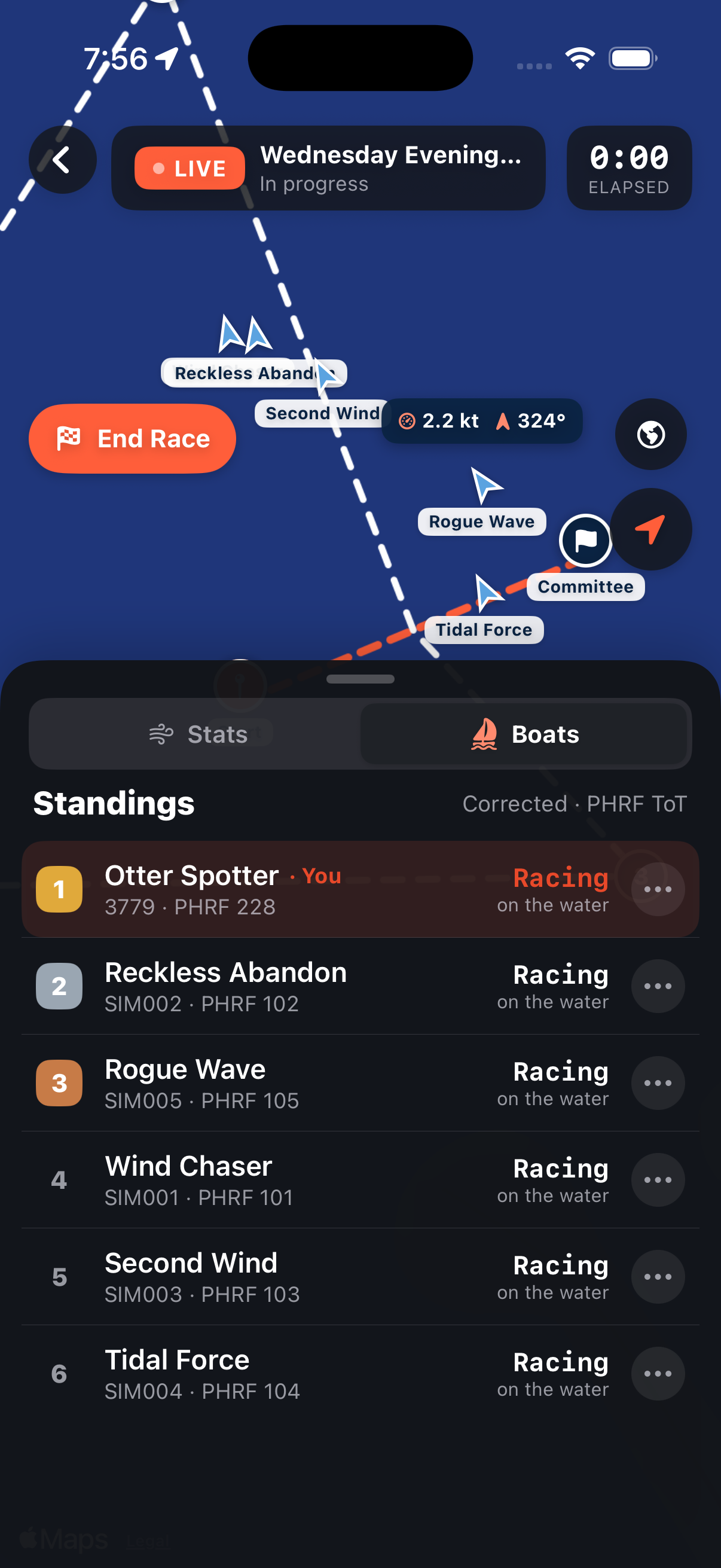 Live fleet tracking with every boat on the chart and real-time corrected standings