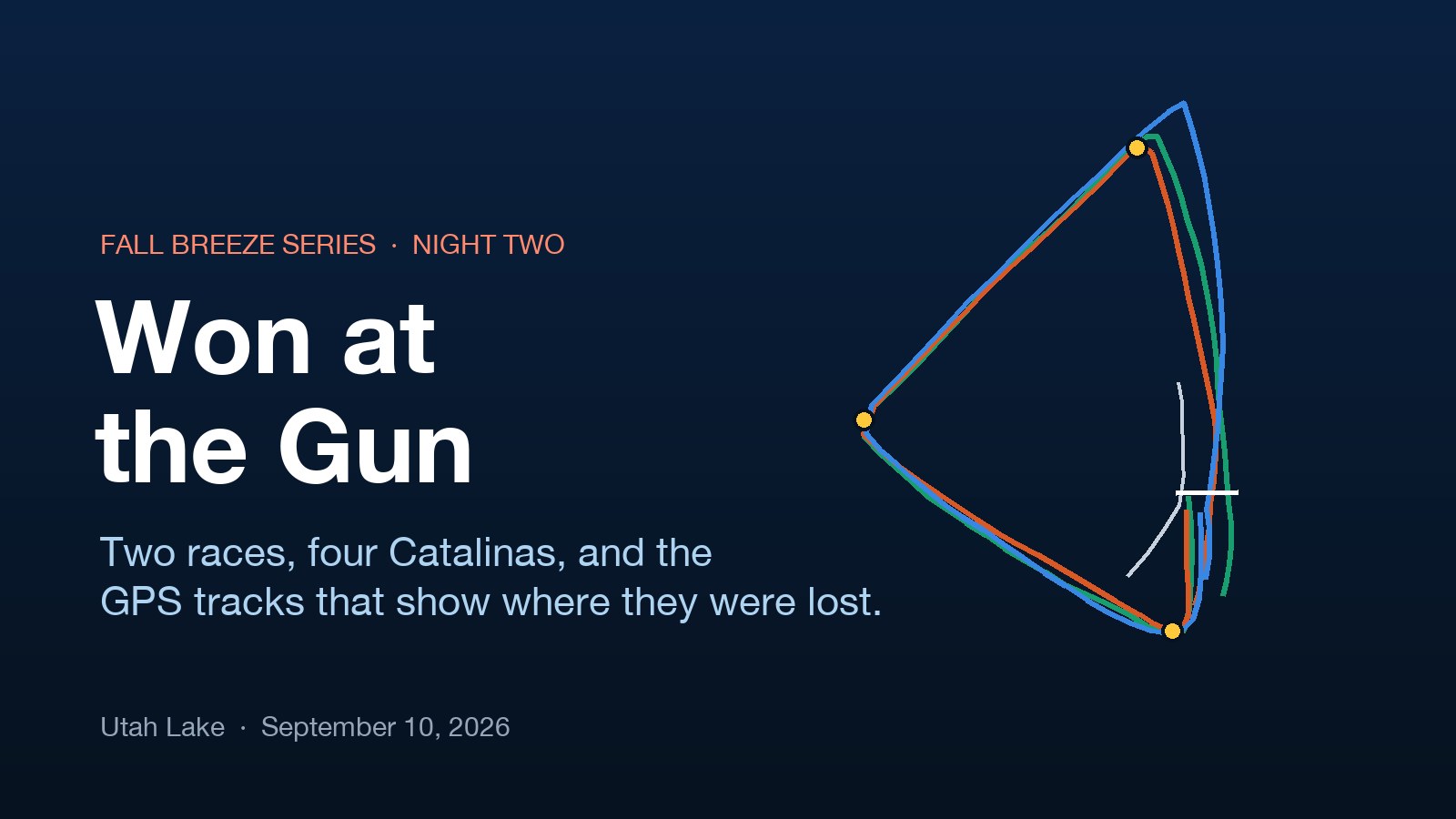 Won at the Gun: Fall Breeze Series, Night Two. The GPS tracks of four boats around a one-lap triangle on Utah Lake.