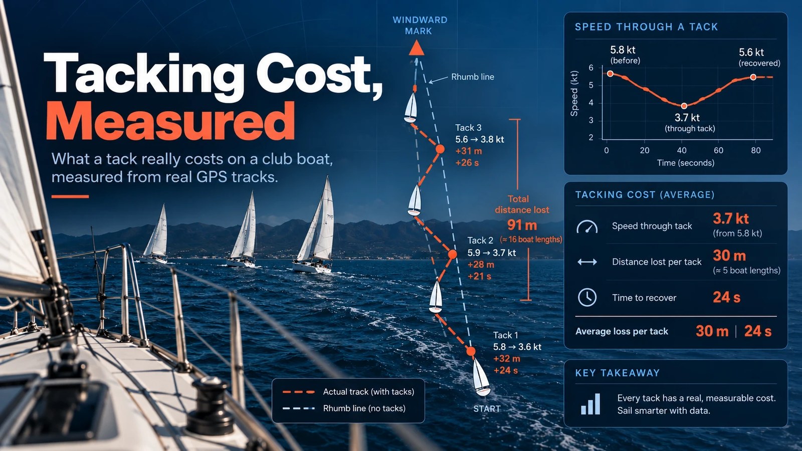 Tacking cost, measured: what a tack really costs on a club boat, measured from real GPS tracks. A fleet beating upwind, beside a diagram of one boat's zig-zag track against the rhumb line to the windward mark with each tack annotated, a speed-through-the-tack curve, and a summary panel of the average speed lost, distance lost and time to recover.